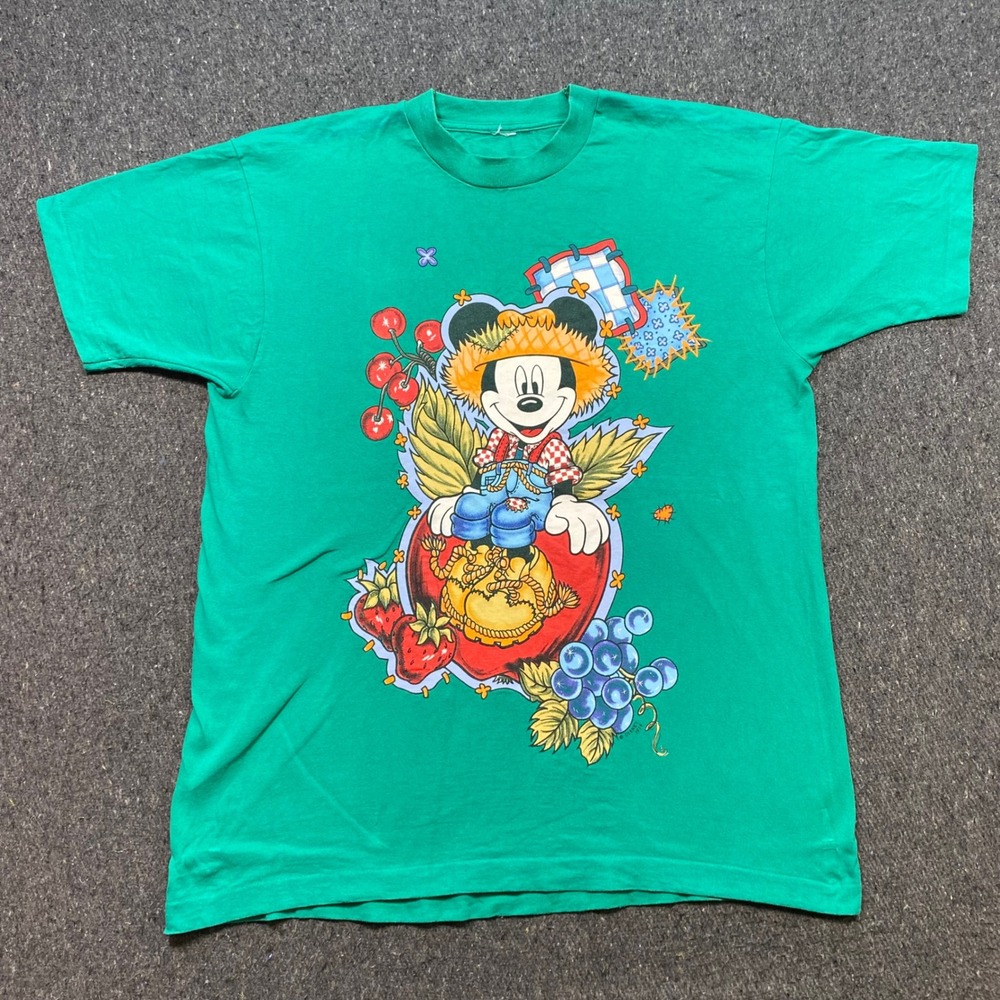 Disney Mickey Mouse Shirt Sz L Green 90s VTG 1994 Fruit Graphic Single Stitch